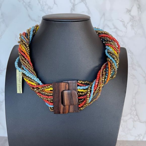 NWT About Color Multi strand beaded necklace boho tribal wood clasp - Picture 5 of 6